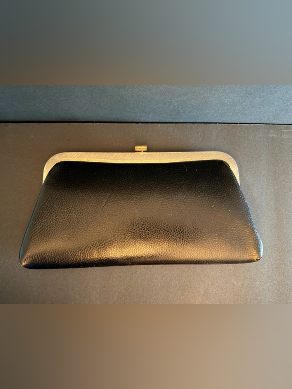 Vintage Classic Black Leather Clutch Wristlet with Gold Frame